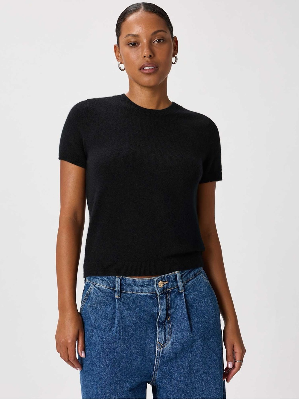Quince 100% Grade-A Mongolian Cashmere Short Sleeve Tee Sweater Black Size L